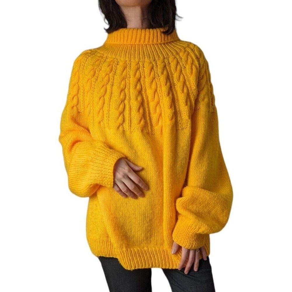 Handmade Cable Knit yellow chunky long sleeve turtle neck OS sweater Cowl Neck